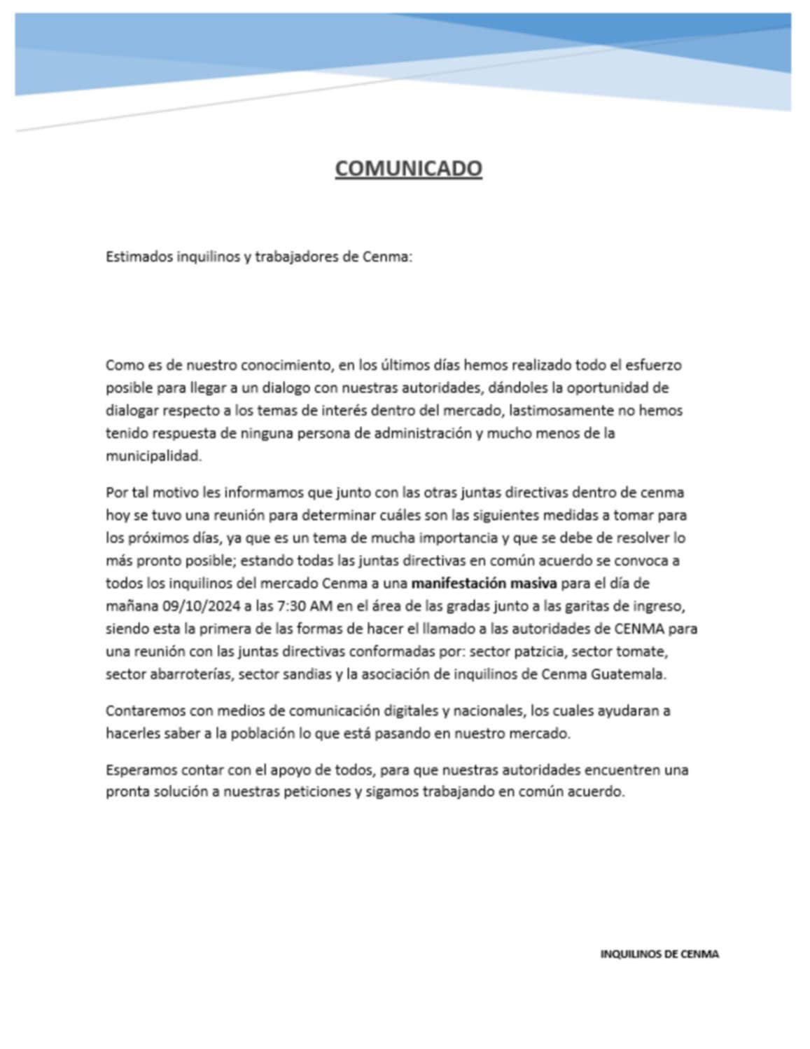 Comunicado de inquilinos Cenma