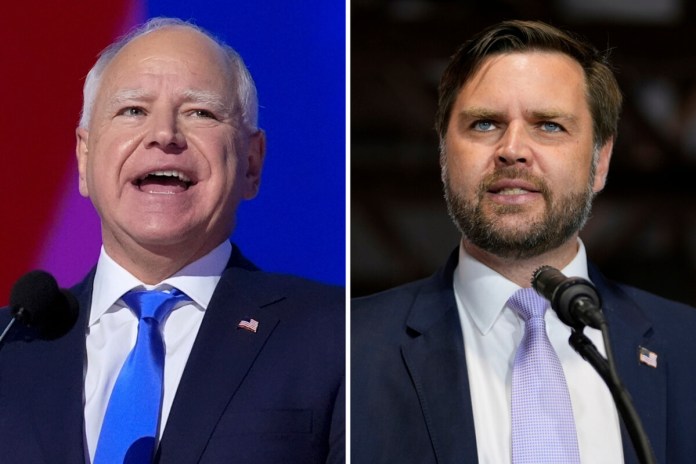 Combinación de fotos de candidatos a la vicepresidencia J.D. Vance y Tim Walz (AP Foto)