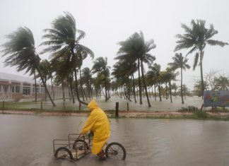 Una persona monta su bicicleta a través de una calle inundada mientras el huracán Milton, en México. (AP Foto/Martin Zetina)