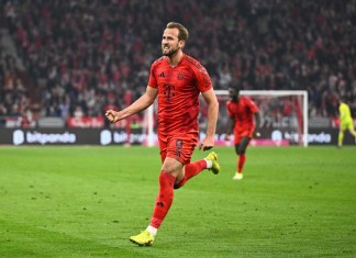 Harry Kane del Bayern Munich celebra tras anotar en el encuentro ante el Stuttgart en la Bundesliga el sábado 19 de octubre del 2024. (Tom Weller/dpa via AP)