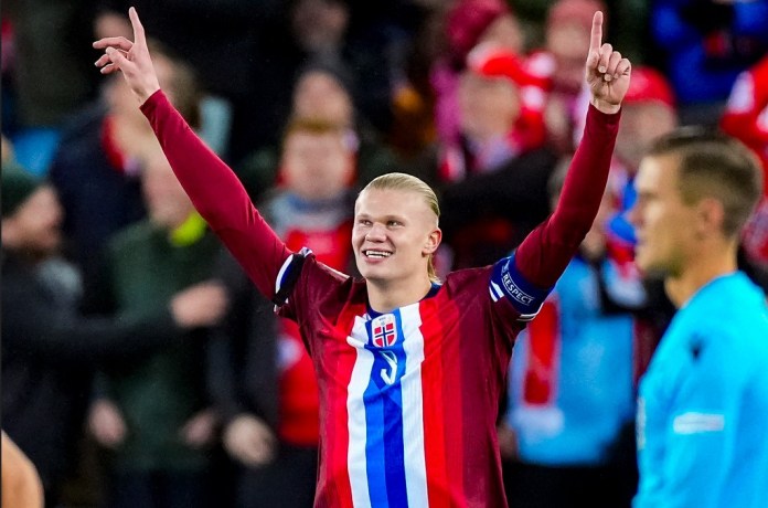 El noruego Erling Haaland celebra durante el encuentro ante Eslovenia de la Liga de Naciones el jueves 10 de octubre del 2024. (Terje Pedersen/NTB Scanpix via AP)
