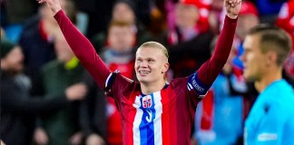 El noruego Erling Haaland celebra durante el encuentro ante Eslovenia de la Liga de Naciones el jueves 10 de octubre del 2024. (Terje Pedersen/NTB Scanpix via AP)