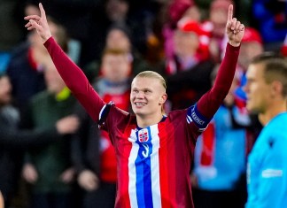 El noruego Erling Haaland celebra durante el encuentro ante Eslovenia de la Liga de Naciones el jueves 10 de octubre del 2024. (Terje Pedersen/NTB Scanpix via AP)