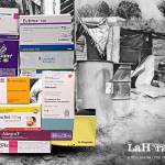 Medicinas y una vivienda al fondo.