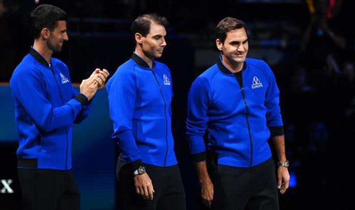 De izq. a der.: Novak Djokovic, Rafael Nadal y Roger Federer, al inicio de la Copa Laver de 2022. EFE/EPA/ANDY RAIN