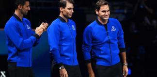 De izq. a der.: Novak Djokovic, Rafael Nadal y Roger Federer, al inicio de la Copa Laver de 2022. EFE/EPA/ANDY RAIN