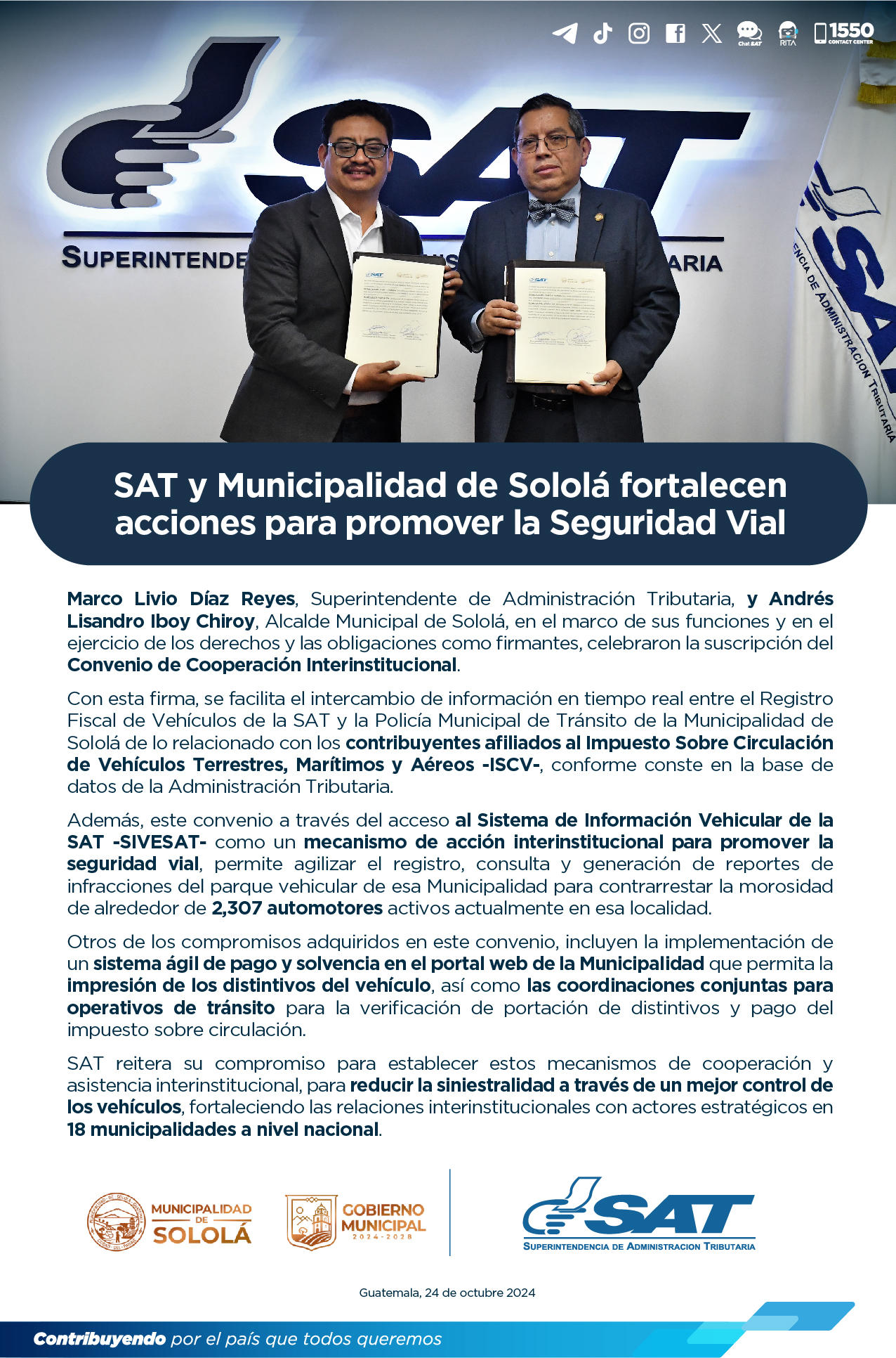 SAT y Municipalidad de Sololá firma convenio de seguridad vial