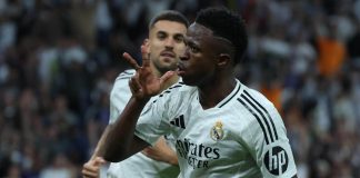 Vinicius Jr. celebra durante el encuentro correspondiente a la fase regular de la Liga de Campeones. Foto La Hora: EFE/Kiko Huesca