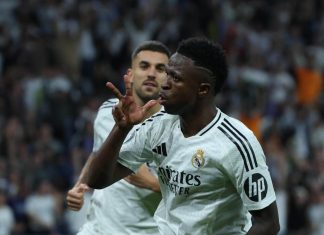 Vinicius Jr. celebra durante el encuentro correspondiente a la fase regular de la Liga de Campeones. Foto La Hora: EFE/Kiko Huesca