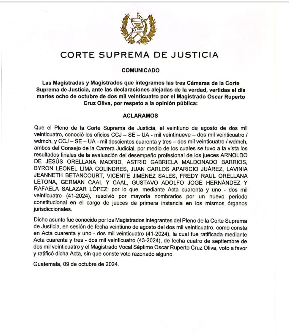 Comunicado emitido por magistrados de CSJ.