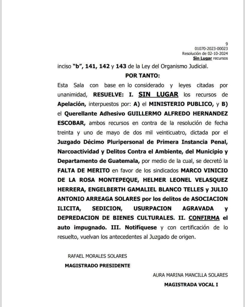 Resolución emitida por los magistrados salientes de la Sala Primera de Apelaciones del Ramo Penal. 