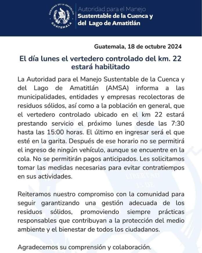 AMSA anuncia horario de entrada en el Vertedero del Km. 22 para el 21 de Octubre