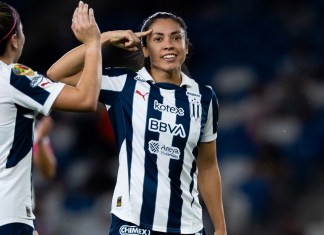 Ana Lucía Martínez celebra uno de los seis goles con que Rayadas le ganó a Mazatlán en la LigaMX Femenil el 30 de septiembre. Foto La Hora: Rayadas Facebook.