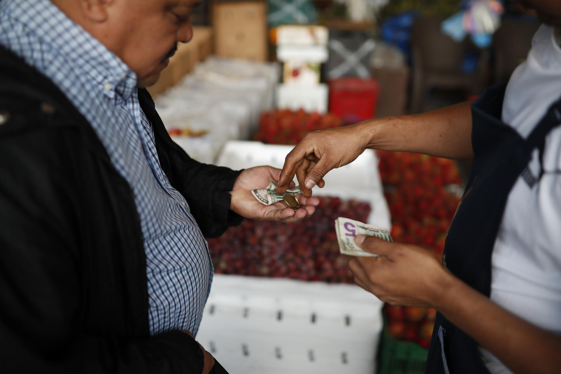 AME3038. SAN SALVADOR (EL SALVADOR), 30/10/2024.- Un hombre compra en una central de abastos habilitada por el Gobierno, este miércoles, en Soyapango (El Salvador). Una central de abasto de frutas, verduras y otros productos "a bajo costo" comenzó este miércoles a funcionar como parte de una medida para "sanar" la economía de El Salvador y para "generar un sistema eficiente y sostenible de distribución de alimentos", de acuerdo con la Presidencia. El lugar está ubicado en el distrito de Soyapango, a un poco más de 12 kilómetros de San Salvador, y, según la información oficial, la mayoría de productos (alrededor de un 75 %) es producción nacional. EFE/ Rodrigo Sura