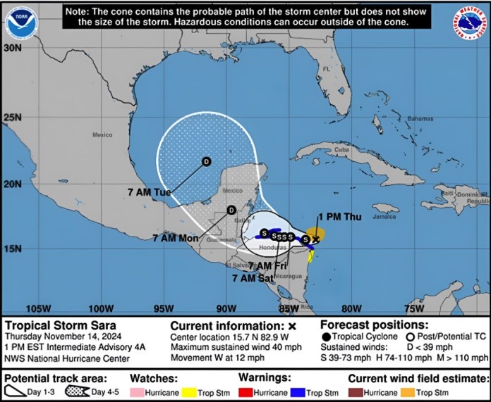 TORMENTA TROPICAL SARA SE UBICA A 575 KILÓMETROS DE IZABAL. Foto La Hora: CONRED