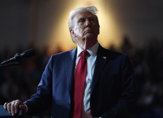 El candidato republicano a la presidencia, el expresidente Donald Trump, ve un video en una pantalla durante un evento en el centro cívico de Salem, Virginia, el sábado 2 de noviembre de 2024. (AP Foto/Evan Vucci)