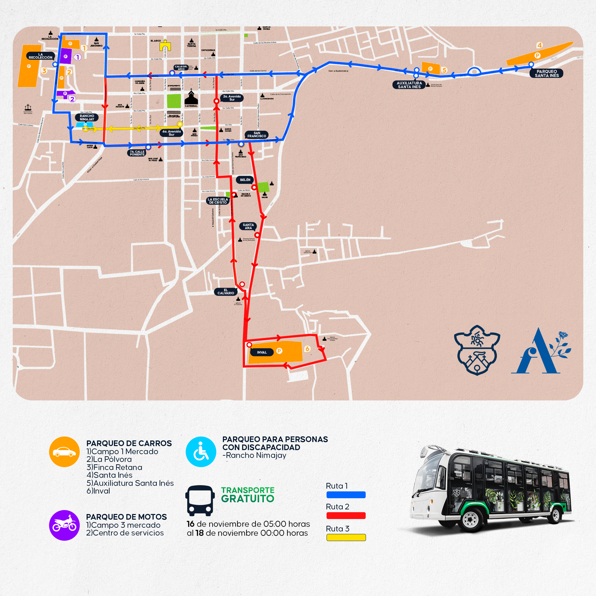 rutas de buses y parqueos