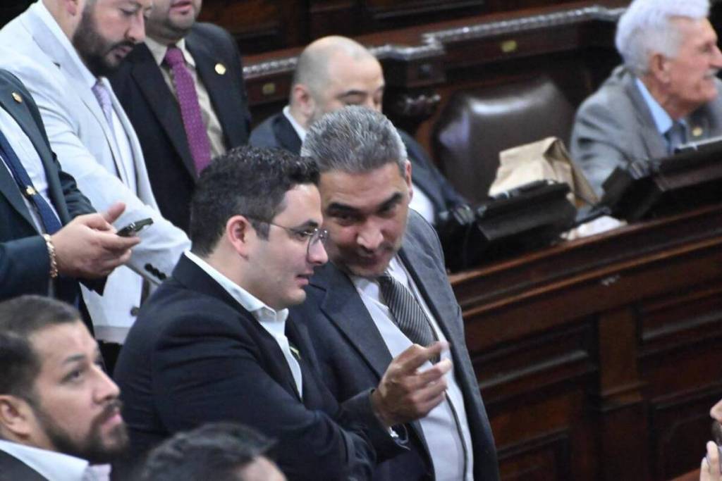 Los diputados Luis Aguirre conversa con el jefe de la bancada oficial, Samuel Pérez, en la plenaria del 26 de noviembre. Foto La Hora: Fabricio Alonzo