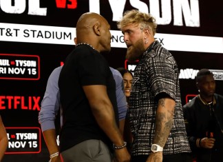 El exboxeador estadounidense Myke Tyson (i) y el boxeador y youtuber Jake Paul (d), en una imagen de archivo. EFE/EPA/Peter Foley