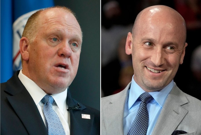 Tom Homan, a la izquierda, se ve en una foto del 26 de abril de 2018 en East Point, Georgia, y Stephen Miller, a la derecha, se ve en una imagen del 9 de octubre de 2024, en Reading, Pensilvania.