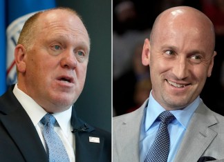 Tom Homan, a la izquierda, se ve en una foto del 26 de abril de 2018 en East Point, Georgia, y Stephen Miller, a la derecha, se ve en una imagen del 9 de octubre de 2024, en Reading, Pensilvania.