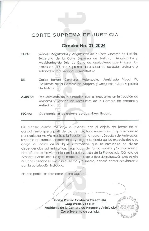 Circular emitida por el presidente de la Cámara de Amparos y Antejuicios. Foto La Hora