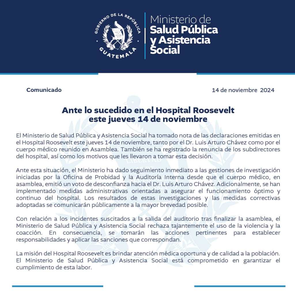 Salud rechaza actos de violencia por médicos e integrantes del Hospital Roosevelt tras conferencias de prensa