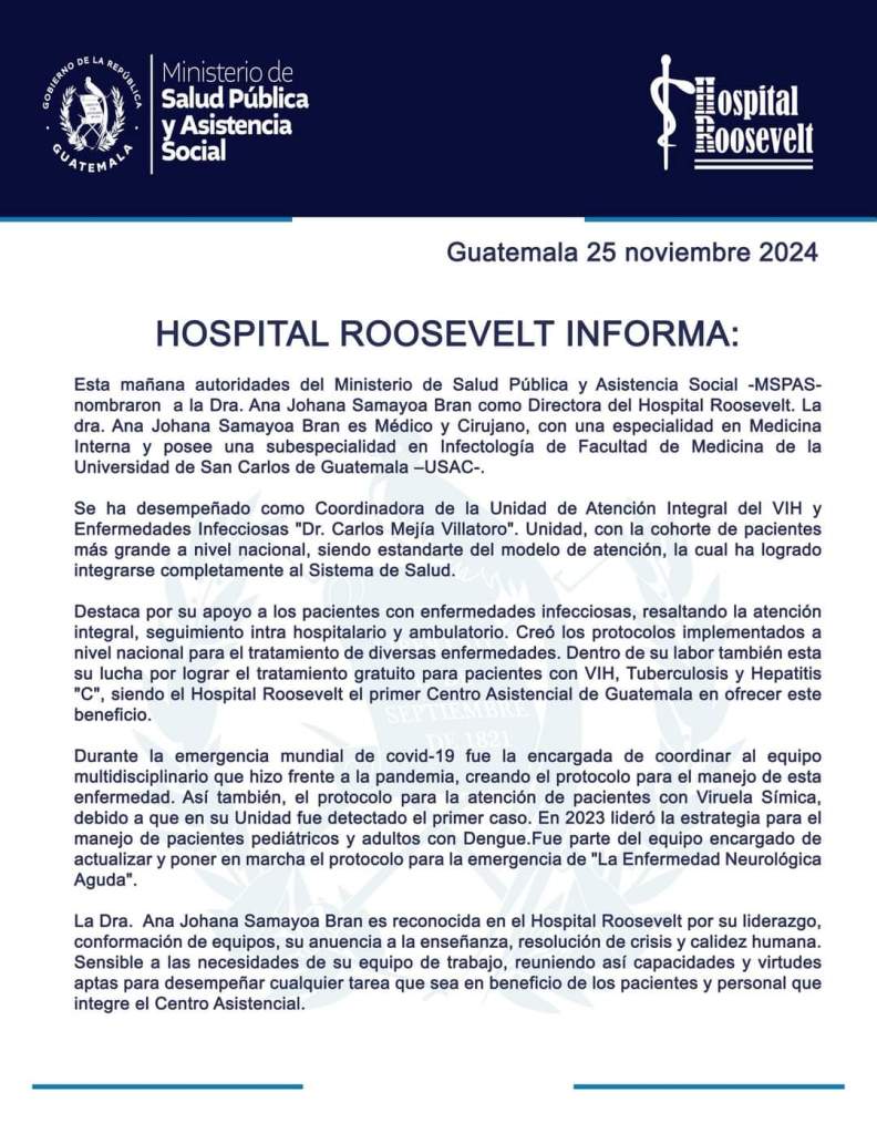 Salud nombra a nueva directora del Hospital Roosevelt