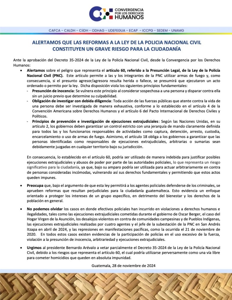 Convergencia por los Derechos Humanos afirmó que nueva Ley de la PNC representa peligro para la ciudadanía