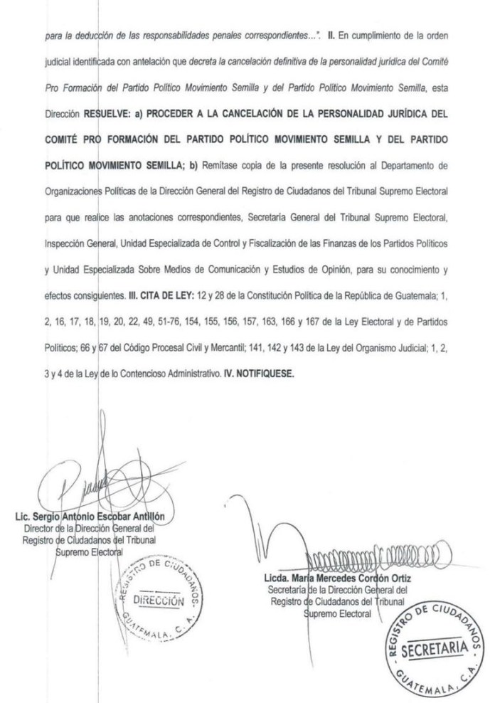 Parte resolutiva del Registro de Ciudadanos en donde procede con la cancelación del partido Movimiento Semilla. 