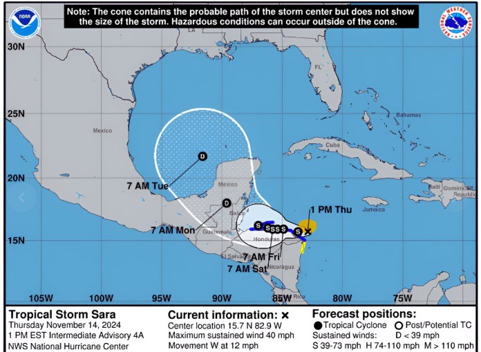 Movimiento esperado para la Tormenta tropical Sara. Foto La Hora