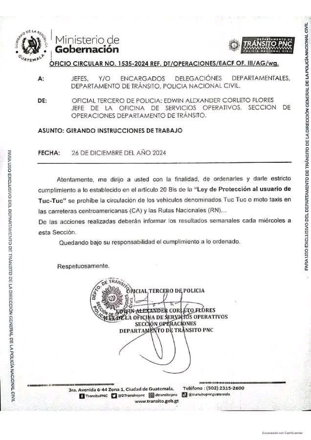 Circular sobre prohibición de mototaxis. Foto: Gobernación 