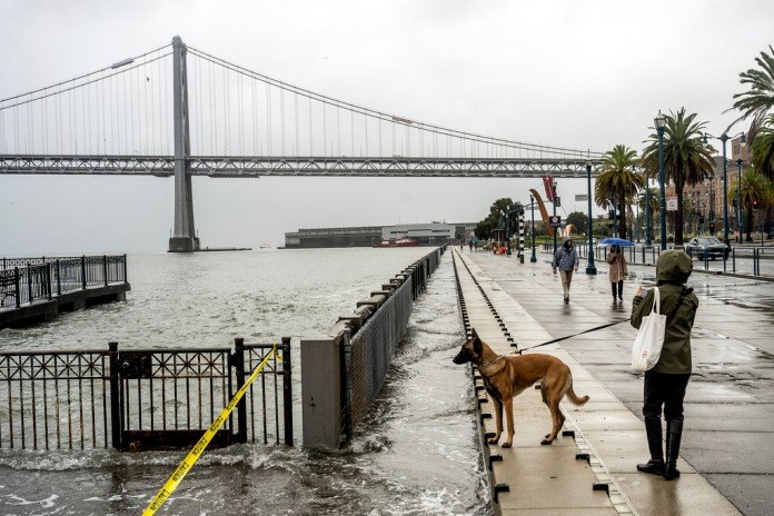 El agua de la bahía de San Francisco invade el Embarcadero en San Francisco, el sábado 14 de diciembree de 2024, debido a la marea alta y olas empujadas por la tormenta Foto La Hora: AP