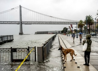 EE. UU.:Tormentas causan nevadas y un tornado en California El agua de la bahía de San Francisco invade el Embarcadero en San Francisco, el sábado 14 de diciembree de 2024, debido a la marea alta y olas empujadas por la tormenta Foto La Hora: AP