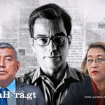 El jefe de la FECI, Rafael Curruchiche; el periodista Juan Luis Font y la jueza Abelina Cruz. Diseño: La Hora / Alejandro Ramírez.