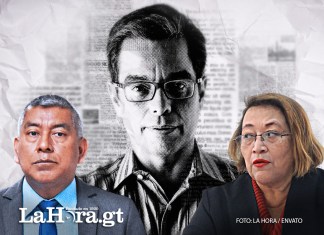 El jefe de la FECI, Rafael Curruchiche; el periodista Juan Luis Font y la jueza Abelina Cruz. Diseño: La Hora / Alejandro Ramírez.