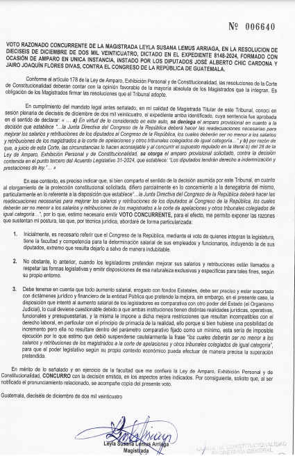 Voto razonado emitido por la magistrada Leyla Lemus ante vigencia de aumento de salario para los diputados. 