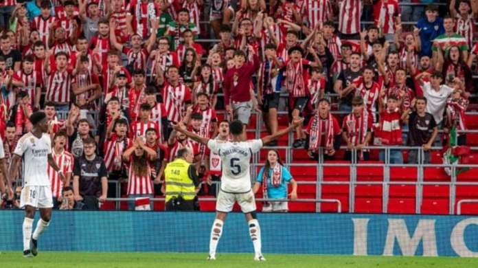 Jude Bellingham marcando su primer gol con la elástica merengue en San Mamés. Foto La Hora:EFE