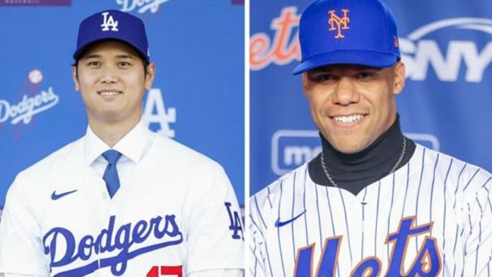 Presentacions de Juan Soto con los Mets este jueves (dch) y de Ohtani con los Dodgers el 15 de diciembre de 2023. Foto La Hora: EFE