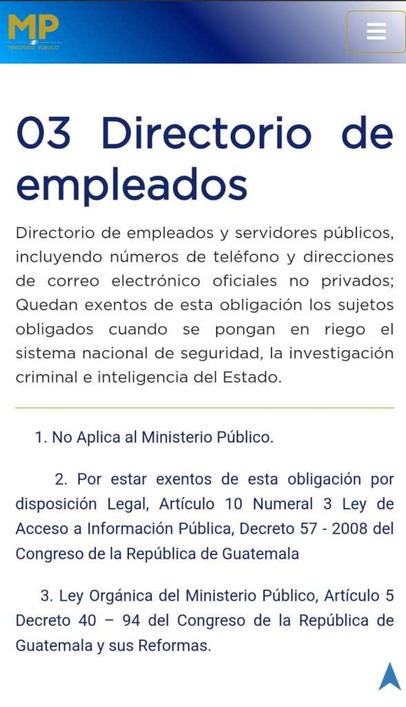 Explicación dada por MP en su sitio para excusarse sobre la no entrega de dicha información. Foto La Hora: Página Web MP.