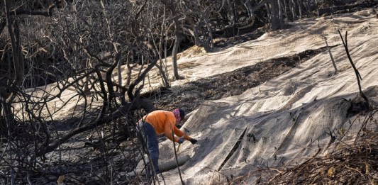 Trabajadores aseguran una red para impedir aludes de lodo en el lateral quemado de una mansión en el vecindario de Pacific Palisades, en Los Ángeles