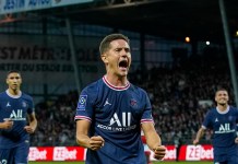 Ander Herrera del Paris Saint Germain celebra tras anotar un gol ante Brest en la liga francesa, el 20 de agosto de 2021. Foto La Hora: AP