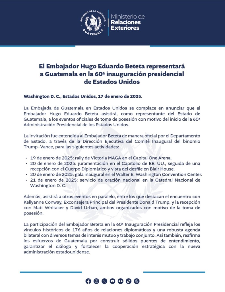 Embajador Hugo Beteta representará a Guatemala en la toma de posesión de Donald Trump