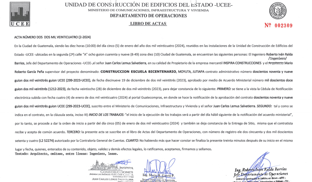 Acta de inicio de trabajos escuela bicentenario Moyuta, Jutiapa