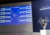 Las formaciones de los grupos se muestran en un panel electrónico después del sorteo de los playoffs de la fase eliminatoria de la Liga de Campeones de la UEFA, en la sede de la UEFA en Nyon, Suiza, el viernes 31 de enero de 2025. Foto La Hora: AP