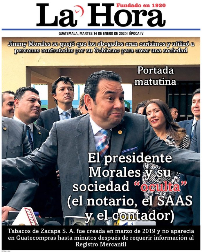 La portada del 14 de enero de 2020 tenía en exclusiva el reportaje en donde aparece el abogado de Jimmy Morales, Eskevin Castellanos. 