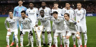 Los jugadores del Real Madrid posan para los fotógrafos antes del inicio del partido de apertura de la Liga de Campeones entre Brest y Real Madrid en el estadio Roudourou en Guingamp, Francia, el miércoles 29 de enero de 2025. Foto La Hora: AP