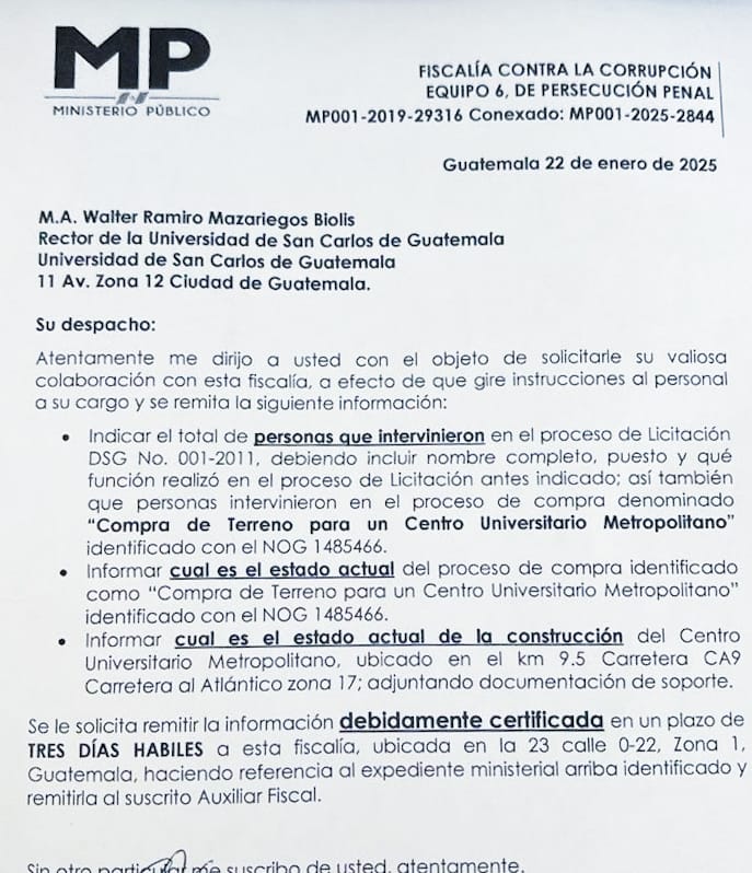 Solicitud de información a Usac por parte de la Fiscalía contra la Corrupción. Foto La Hora: Cortesía