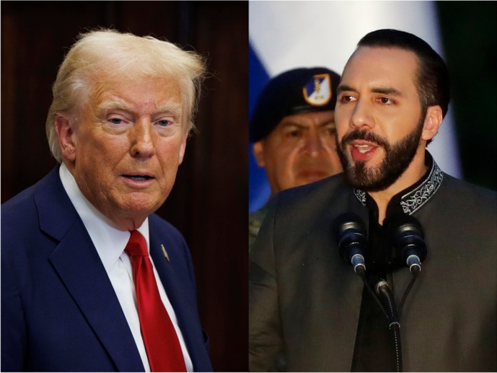 dos fotografías donde aparecen el presidente de los Estados Unidos, Donald Trump (i), y su homólogo de El Salvador, Nayib Bukele. Trump mantendrá este jueves una conversación telefónica con su homólogo salvadoreño, Nayib Bukele, en la primera llamada con un mandatario extranjero que la Casa Blanca anuncia de forma oficial.