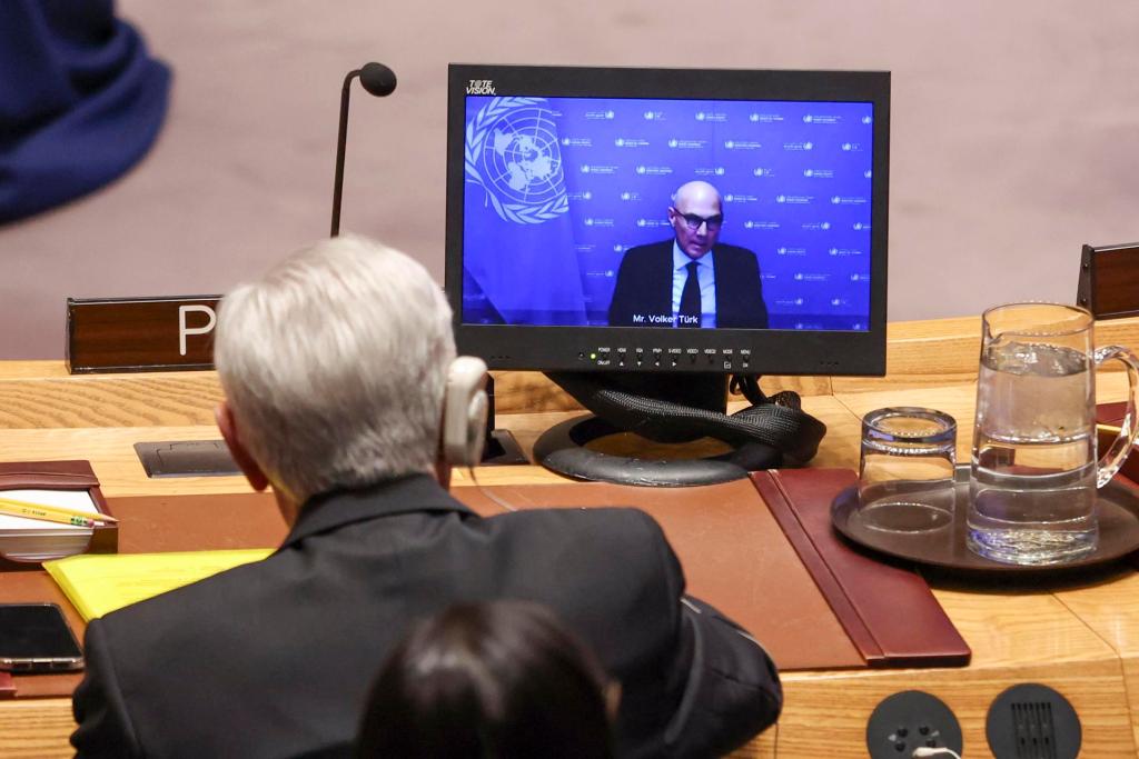 El alto comisionado de las Naciones Unidas para los Derechos Humanos, Volker Turk, habla a través de una videollamada durante una reunión del Consejo de Seguridad en la sede de las Naciones Unidas en Nueva York, Nueva York, EE. UU., 03 de enero de 2025. EFE/EPA/Sarah Yenesel